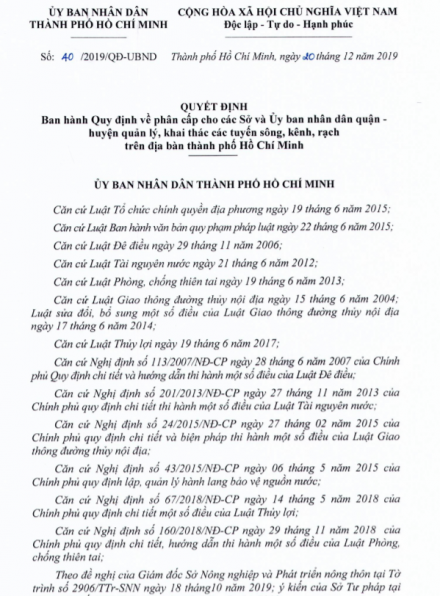 Ban hành Quy định về phân cấp quản lý, khai thác các tuyến sông, kênh, rạch trên địa bàn TP